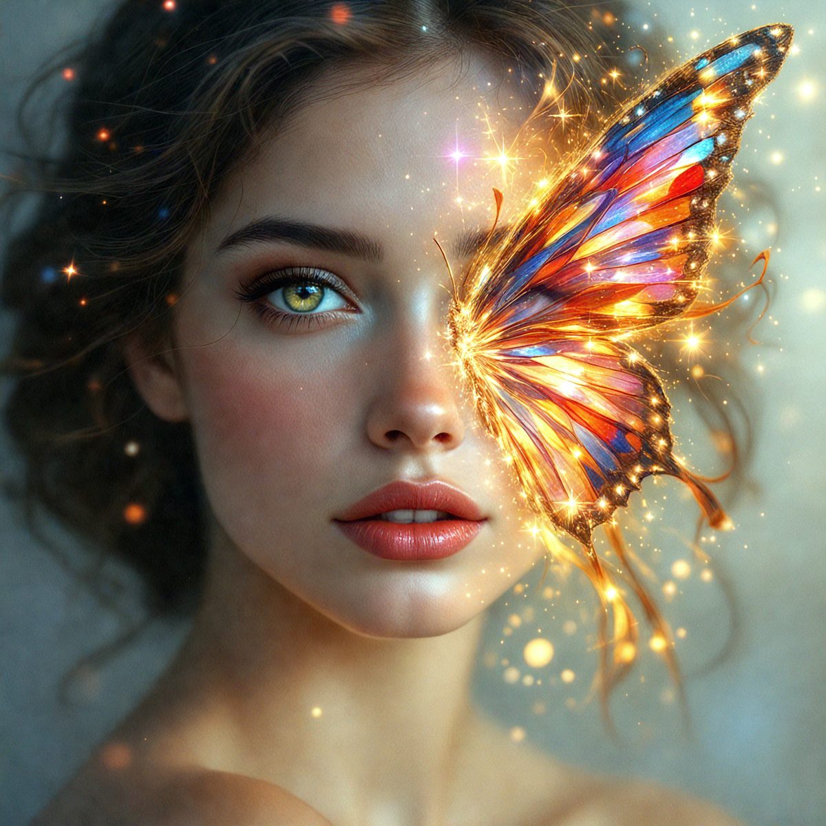 The primary subject of the image is a woman with a butterfly on her face. The butterfly is a prominent feature, covering a significant portion of her face. The setting appears to be a studio or a similar environment, as the woman is posing for the picture. The visual style of the image is a combination of photo and digital art, creating a unique and eye-catching portrait. The colors and mood of the image are vibrant and lively, with the butterfly adding a touch of whimsy and playfulness to the scene.